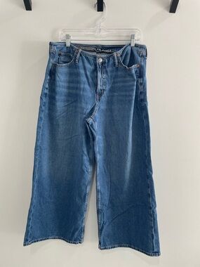 American Eagle Outfitters Women’s Relaxed Wide-Leg Blue Denim Jeans 12 Short